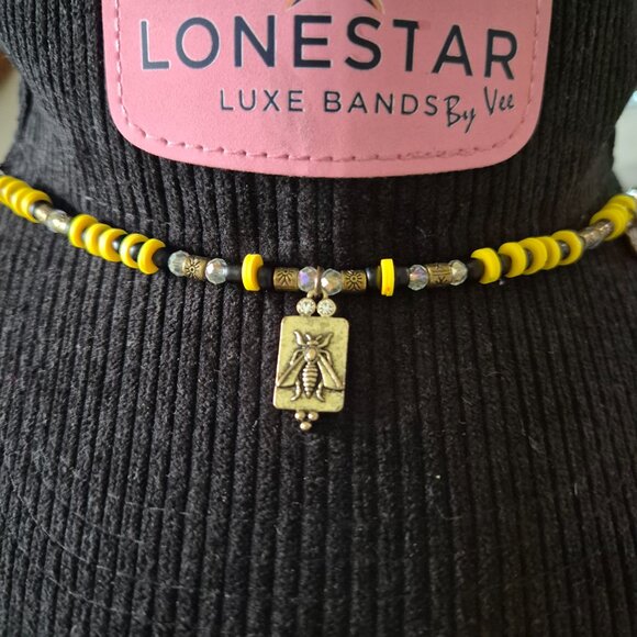 Western Beaded Hat Band Yellow Black Bronze Bee Pendant – LoneStar Luxe band Vee - Picture 4 of 4